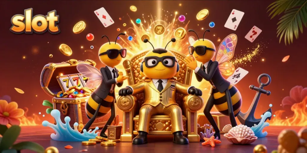 Play the slot games in a colorful casino environment with vibrant characters.