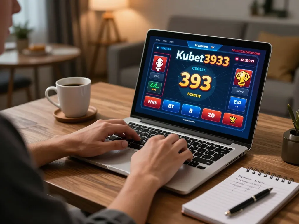 Kubet3933 player enjoying online gaming experience in a modern home setup with warm ambiance.