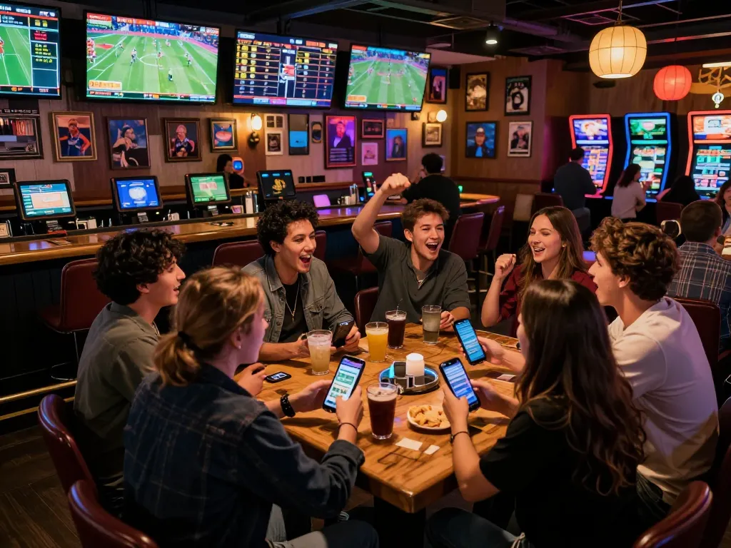 Engaging sports betting scene showcasing friends celebrating while using DA88 for live bets and real-time updates.