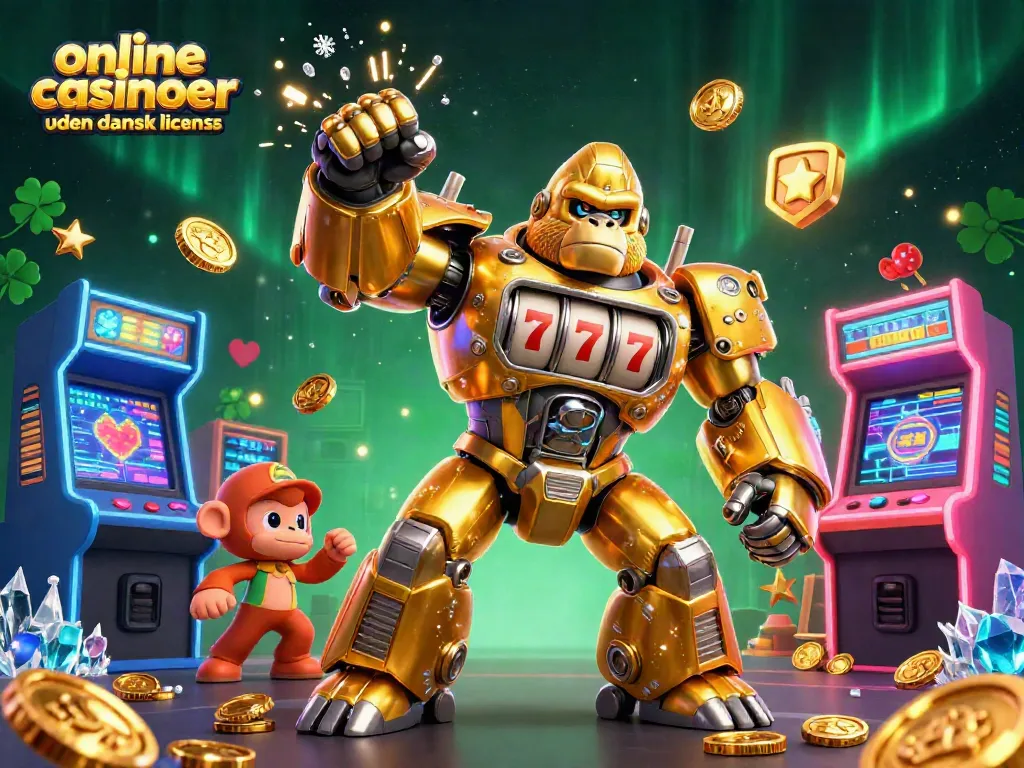 Experience thrilling games at online casinoer uden dansk licens with a vibrant 3D illustration capturing casino excitement.