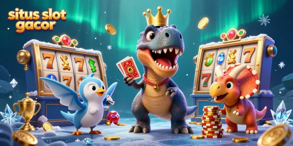 Gambarkan situs slot gacor dengan T-Rex yang bermain kartu dan triceratops mengumpulkan chip emas.