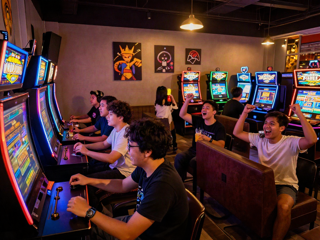 Slot gacor malam ini event with excited players enjoying vibrant gaming atmosphere in a lively lounge setting.