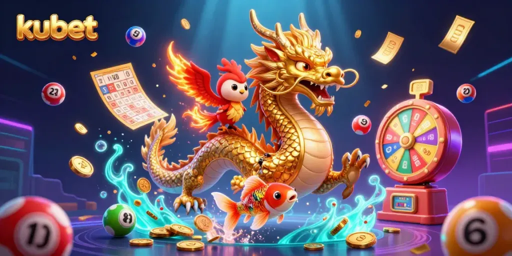 Engage with the thrilling kubet casino scene featuring a golden dragon, phoenix, and koi fish amid vibrant lottery elements.