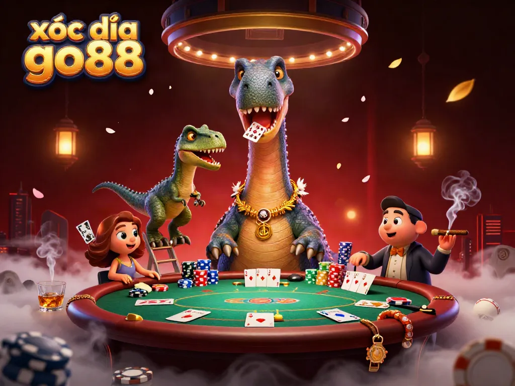 Engage in xóc đĩa go88 with a visually striking 3D scene of a cartoon brontosaurus and raptor