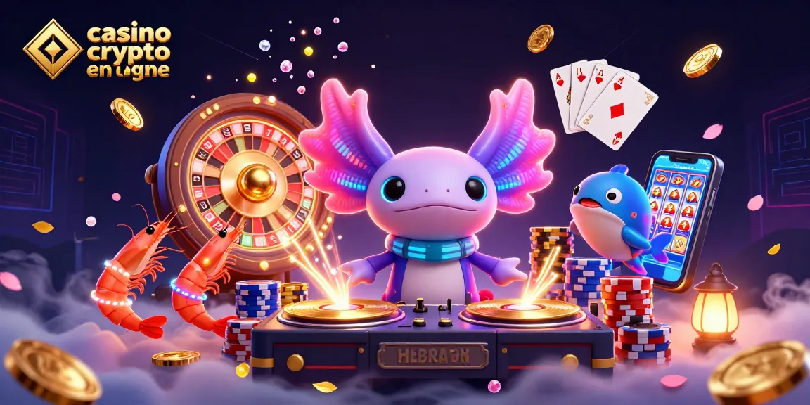 Vibrez au casino crypto en ligne avec une illustration dynamique d'un DJ axolotl et des créatures marines en fête.
