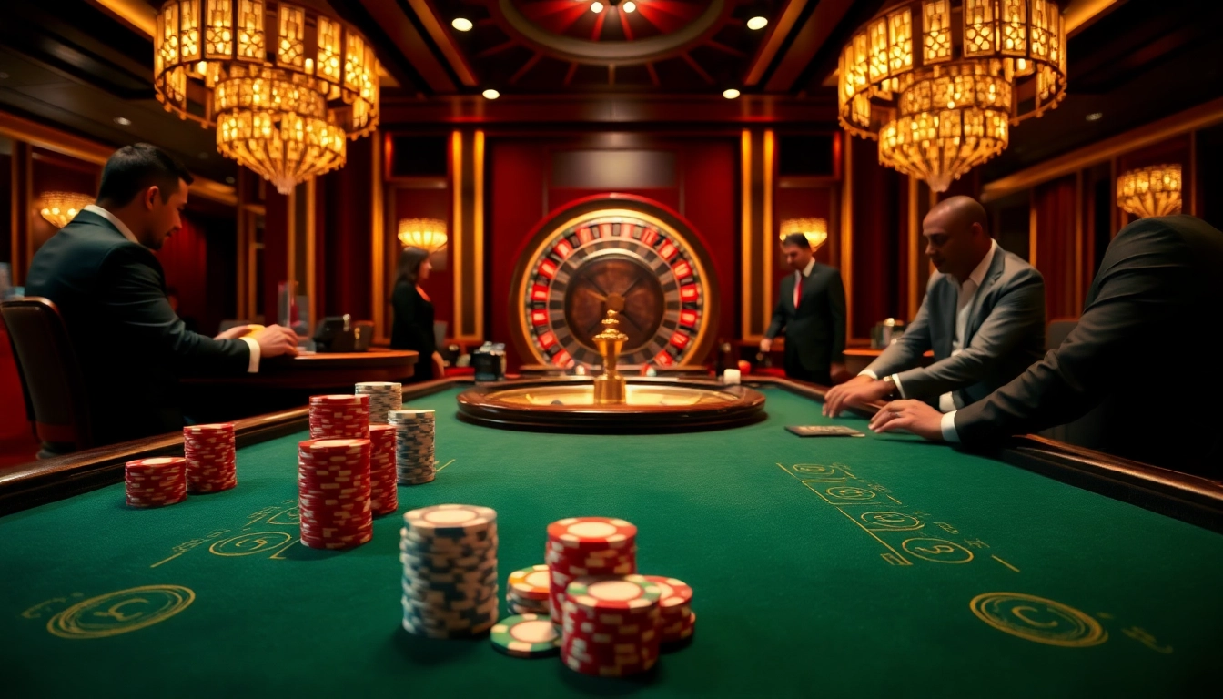 Meja permainan Togel Sumo di kasino yang elegan, menampilkan keping poker dan roda roulette.