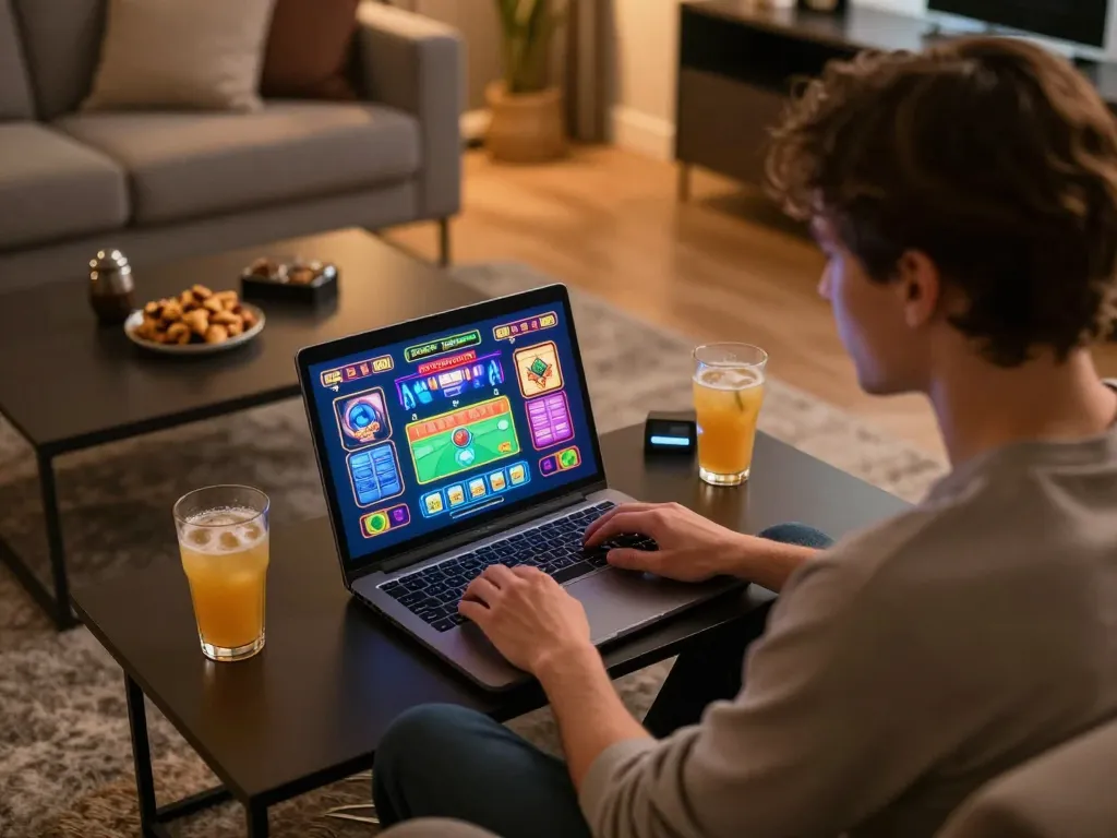 Player enjoying online slot games at home, representing agen terpercaya with vibrant graphics and a cozy setup.