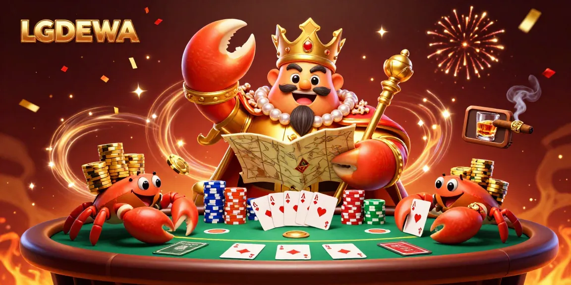 Experience the thrilling LGODEWA poker world with a golden crab emperor and vibrant casino elements.
