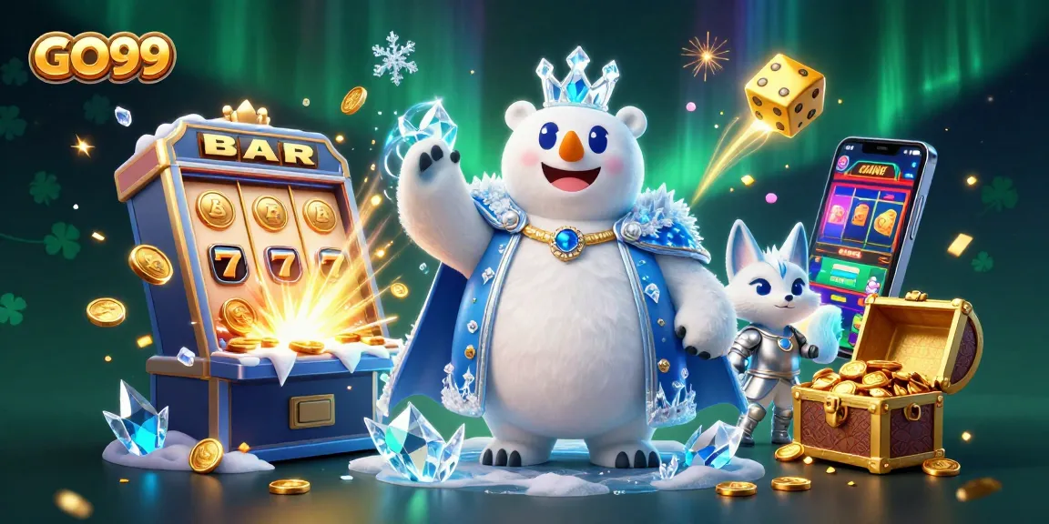 Experience GO99's vibrant slot machine action with a polar bear king and snow fox in a thrilling scene.