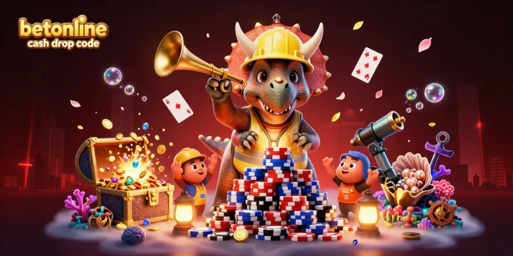 Claim the betonline cash drop code while enjoying an animated casino adventure amidst vibrant gaming elements.