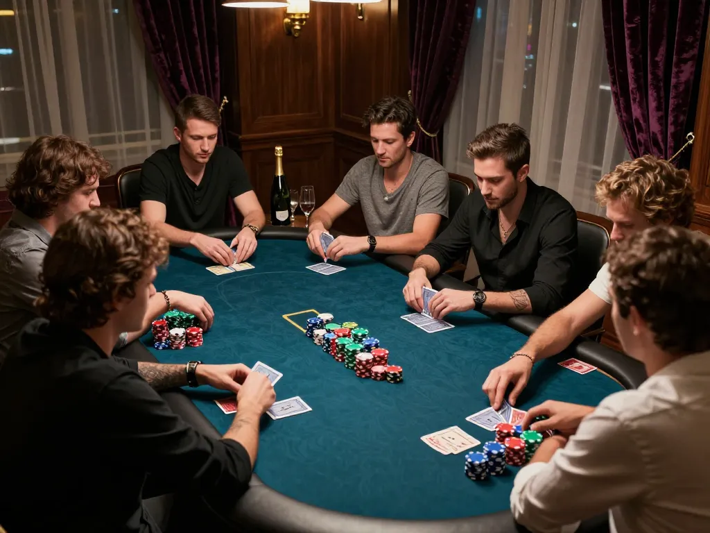 Focus on strategic gameplay at a high-stakes poker game in a luxurious setting featuring the keyword 789.