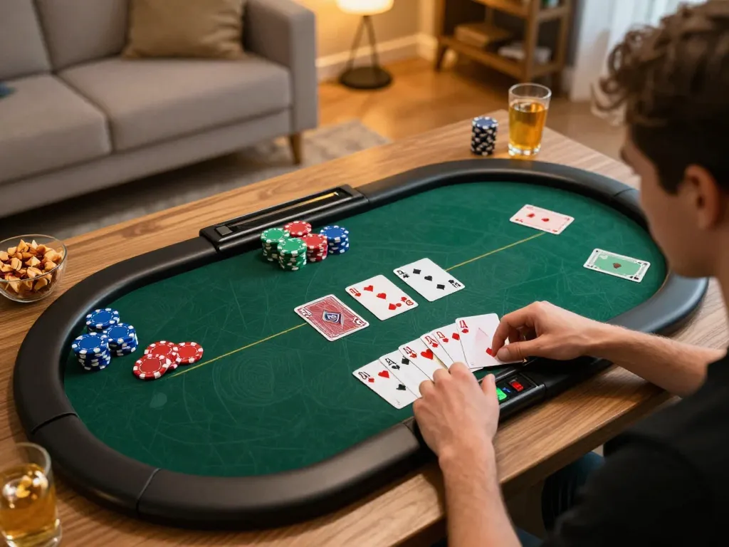 KOINID enhances online poker experiences for players focusing on strategy in a cozy home setting.