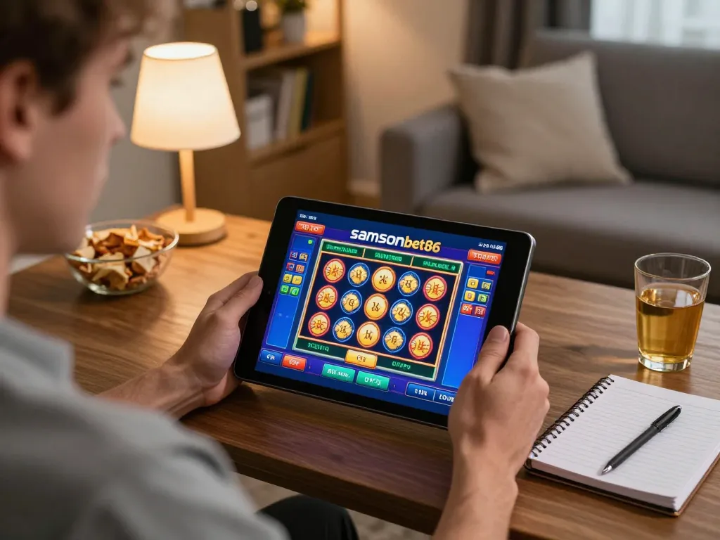 Player interacting with samsonbet86 slot games on a tablet, showcasing a cozy home gaming setup