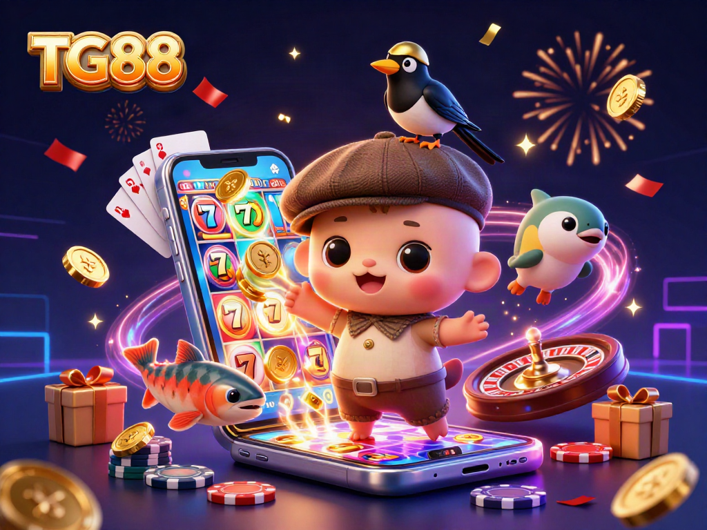 Engage in exhilarating play with TG88, featuring a whimsical scene of cartoon characters and rich casino elements.