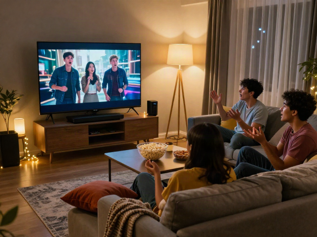 Friends enjoying a movie night using Moviebox in a cozy living room with popcorn and snacks.