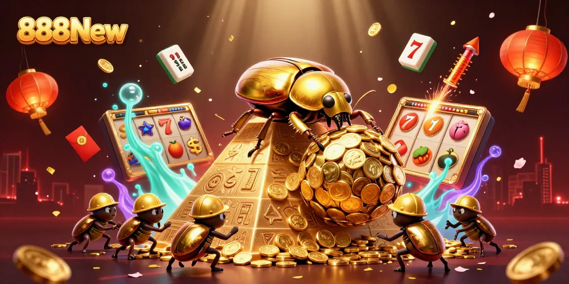 Experience thrilling slots at 888New with a vibrant display of golden elements and animated casino symbols.