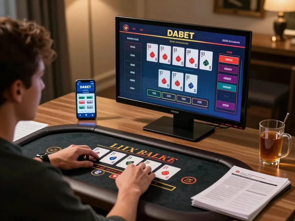 DABET online gaming experience with player engaged in live dealer blackjack at home setup