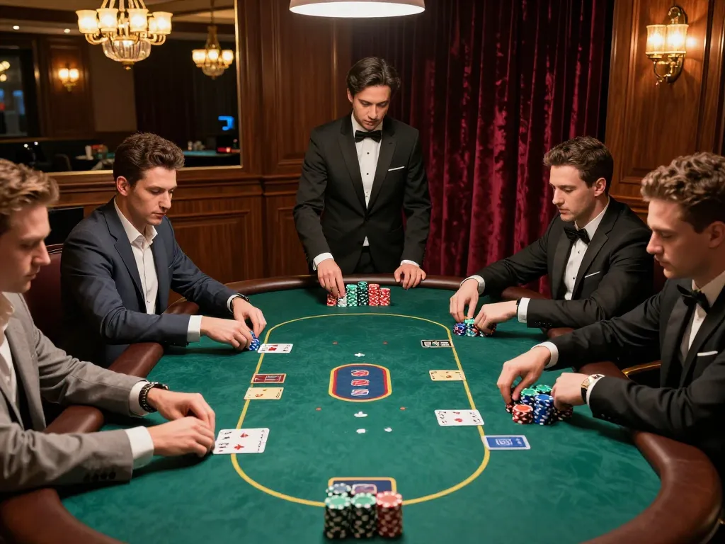 Players strategizing at a poker table during a game night, showcasing 888NEW's elegant gambling atmosphere.