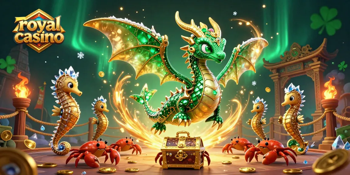 Win big at royal casino with a vibrant illustration featuring a dragon and treasure under northern lights.