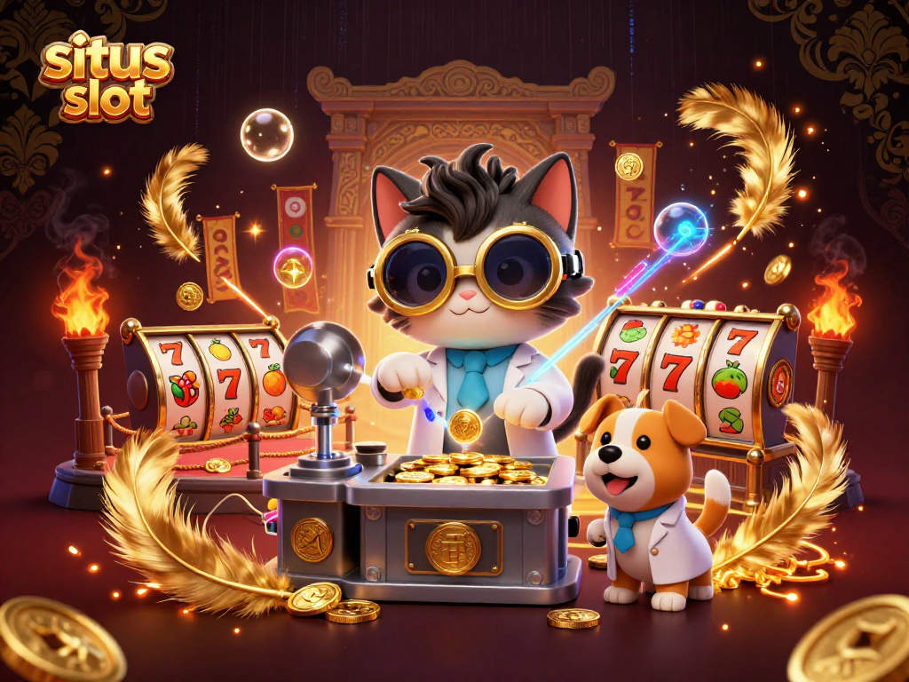 Engage in the excitement of situs slot with a mad scientist cat creating a coin-replicating machine amidst dramatic casino elements.