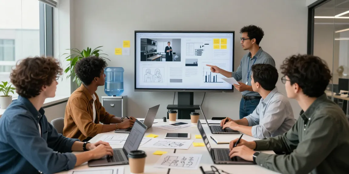 Download WPS Office - team collaborating with laptops in a modern workspace, showcasing productivity and innovation.