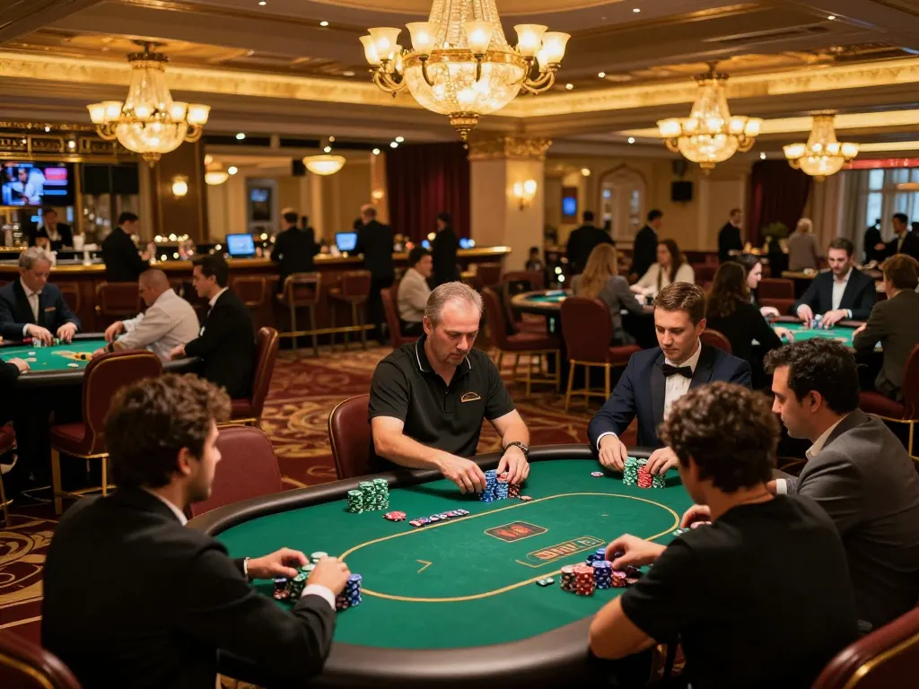 Engaged players at OKFUN casino table showcasing thrilling poker gameplay and strategic bets