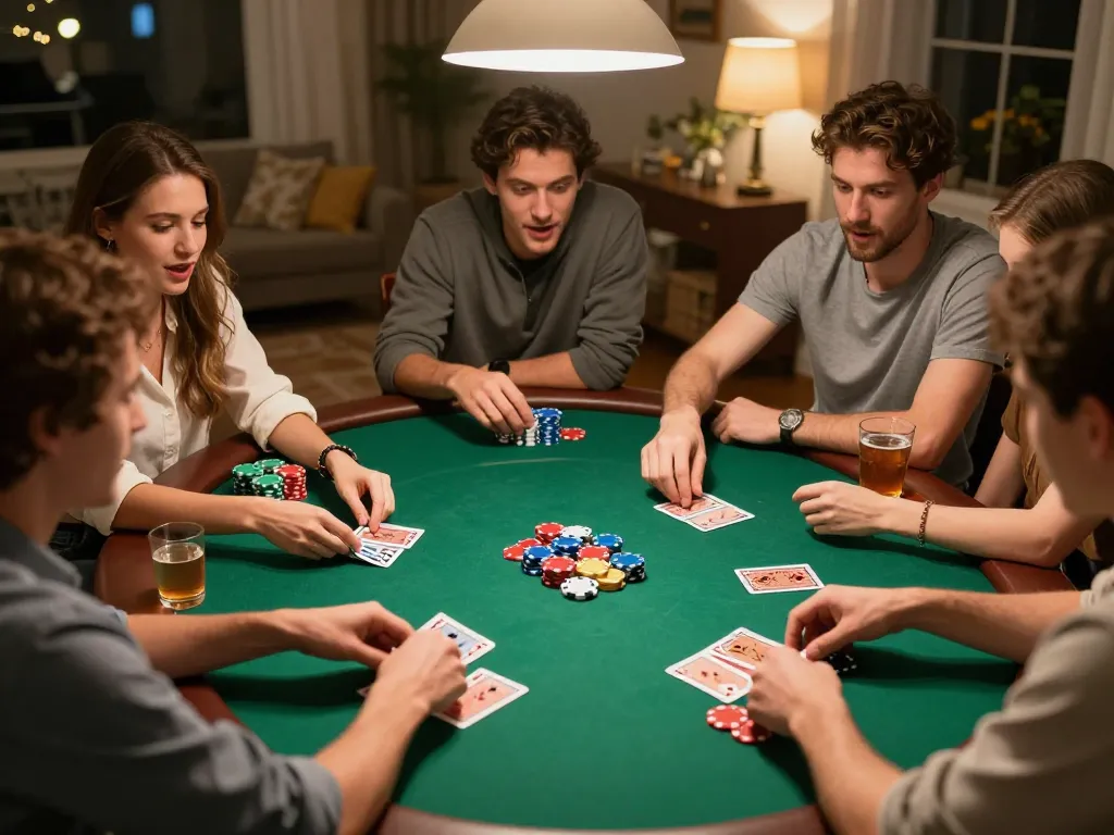 Friends playing poker passionately in a cozy home setting, highlighting u8888 gameplay dynamics.