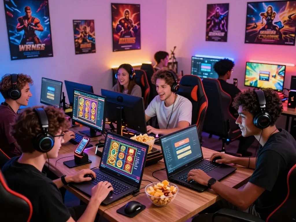 Group of players enjoying the winstrike69 gaming platform in a lively lounge atmosphere.