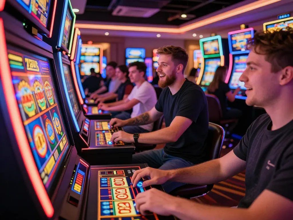 Pemain yang terlibat menikmati mesin slot zeus dalam suasana kasino yang hidup.