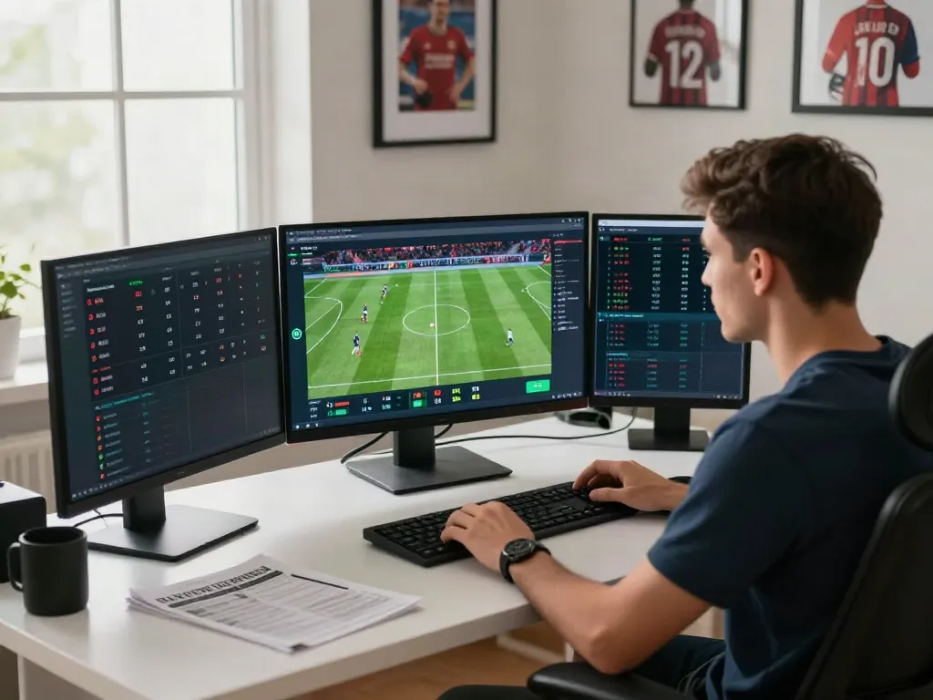 WWBOLA betting player analyzing statistics in a modern office.