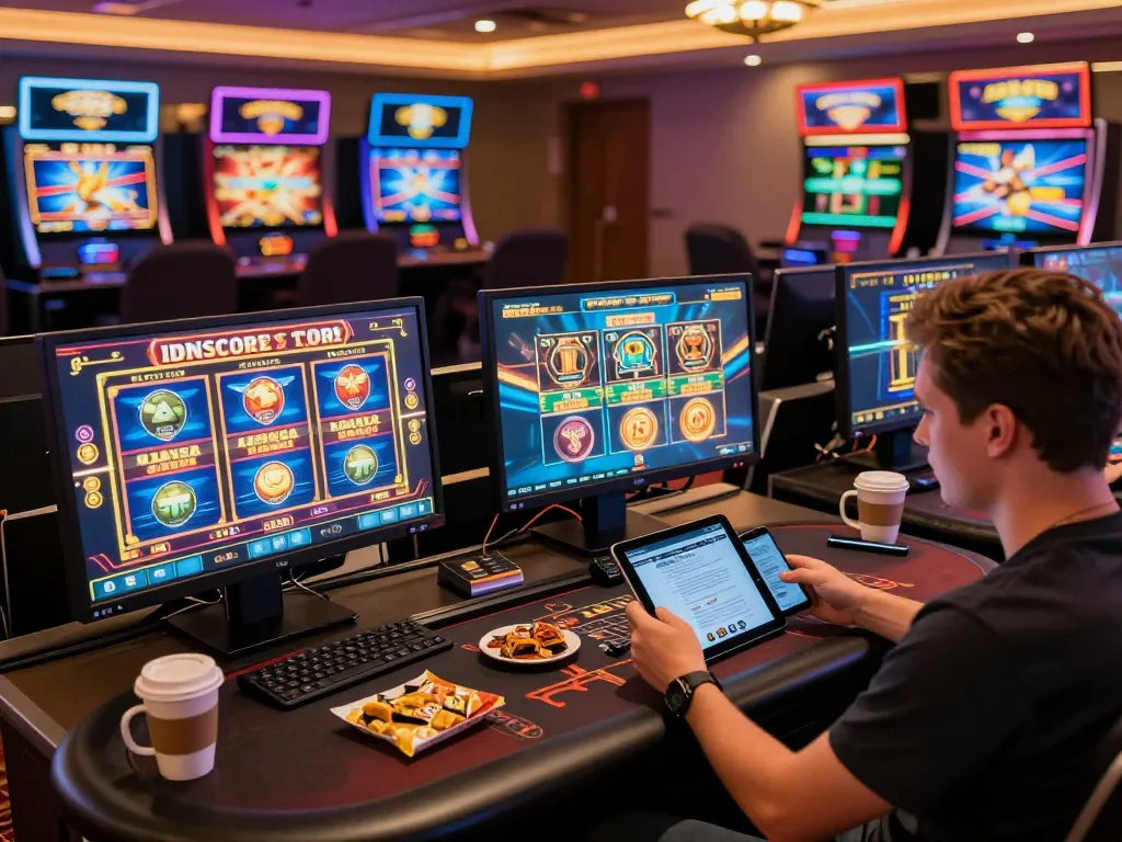 IDNSCORE showcasing dynamic online slots and table games in a modern gambling setup.