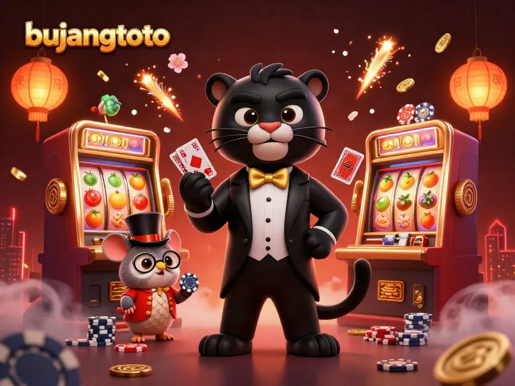 Bujangtoto showcases a stylish black panther elegantly dealing cards in a vibrant casino scene filled with exciting game elements.