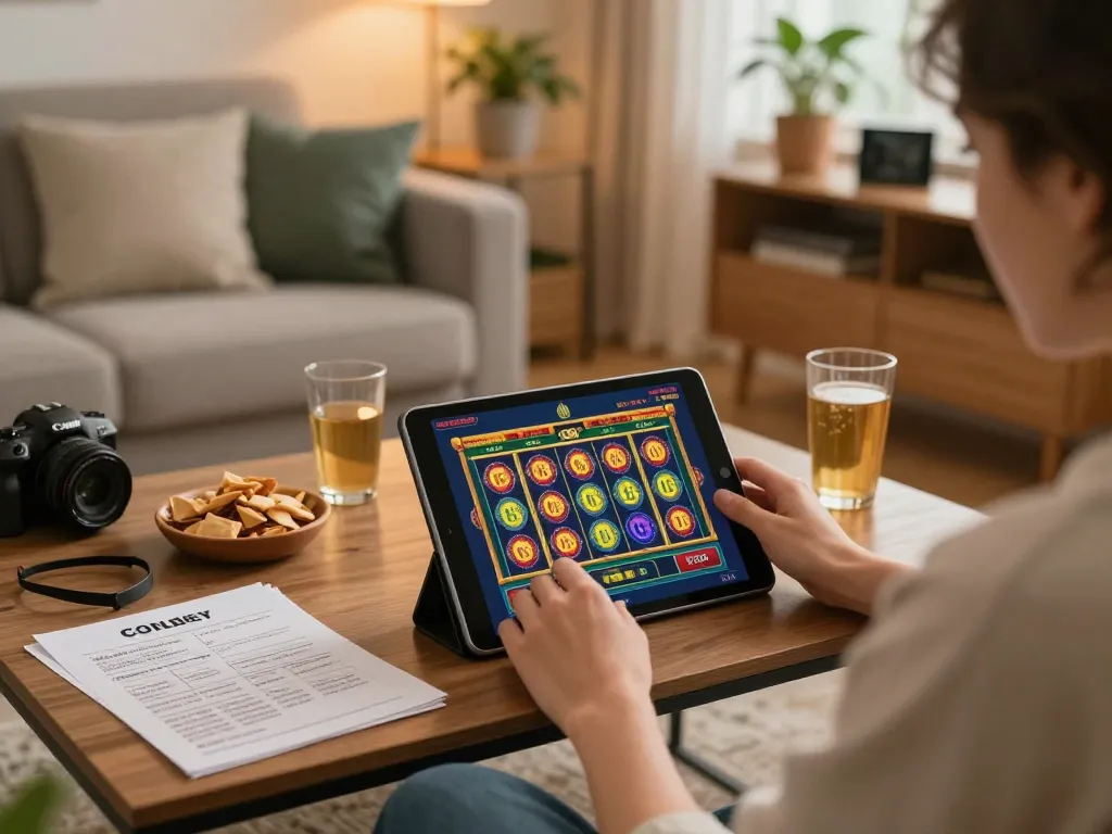 Player enjoying O8 slots on a tablet in a cozy home environment with interactive gaming elements.