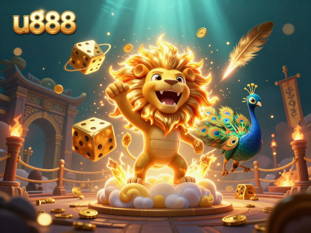 Encourage big wins at U888 with an exciting 3D casino scene featuring roaring lion and golden dice.