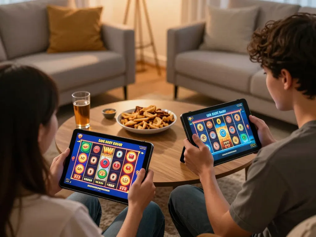 Winning moment on Link Slot Gacor as players enjoy an online slot game in a cozy home setting.