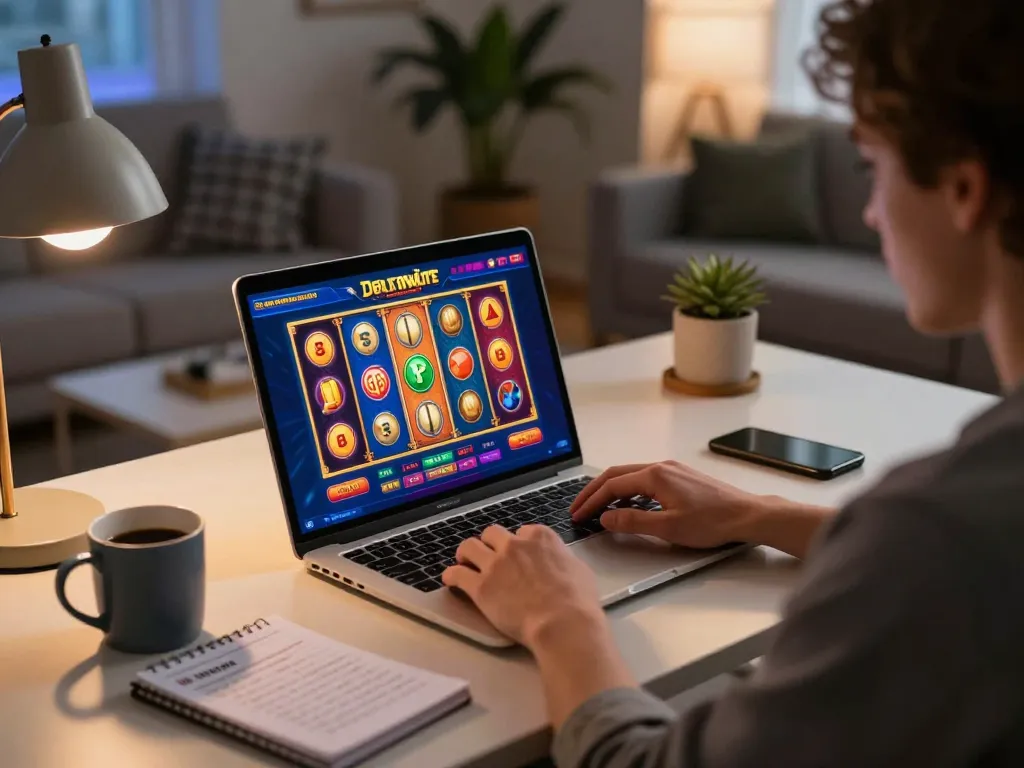 Engaging gameplay on Demo Slot Pragmatic displayed on a laptop screen, showcasing colorful reels and strategic notes.