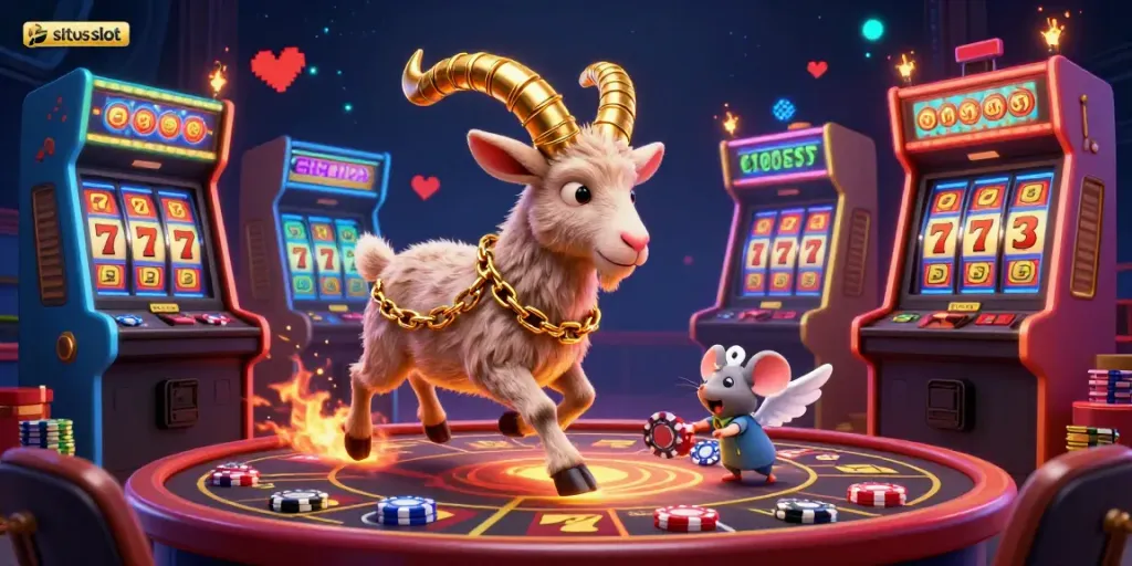 Experience the excitement of situs slot with a vibrant casino scene featuring a Krampus goat, angel mouse, and gremlins.