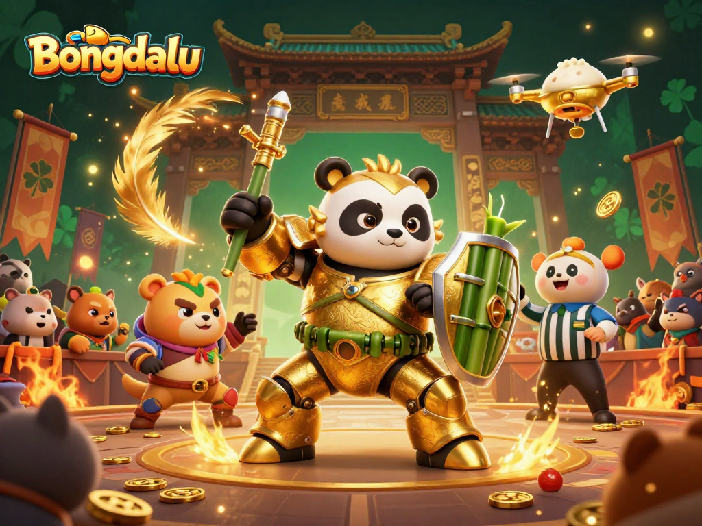 Bongdalu showcases a dynamic 3D illustration of a mech-suit panda in a thrilling gambling arena.