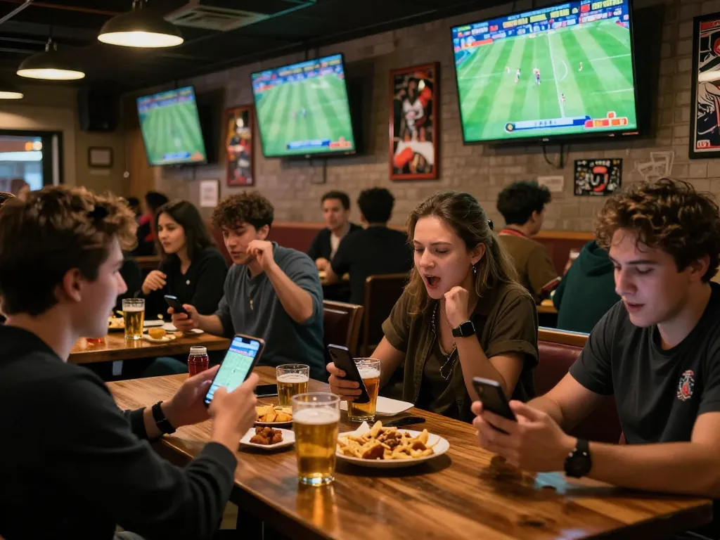 Bets placed on Bola Online, fans cheering at a lively sports bar while watching live football matches