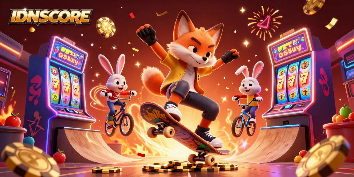 Experience thrilling gameplay at IDNSCORE with vibrant slot machines and energetic characters.