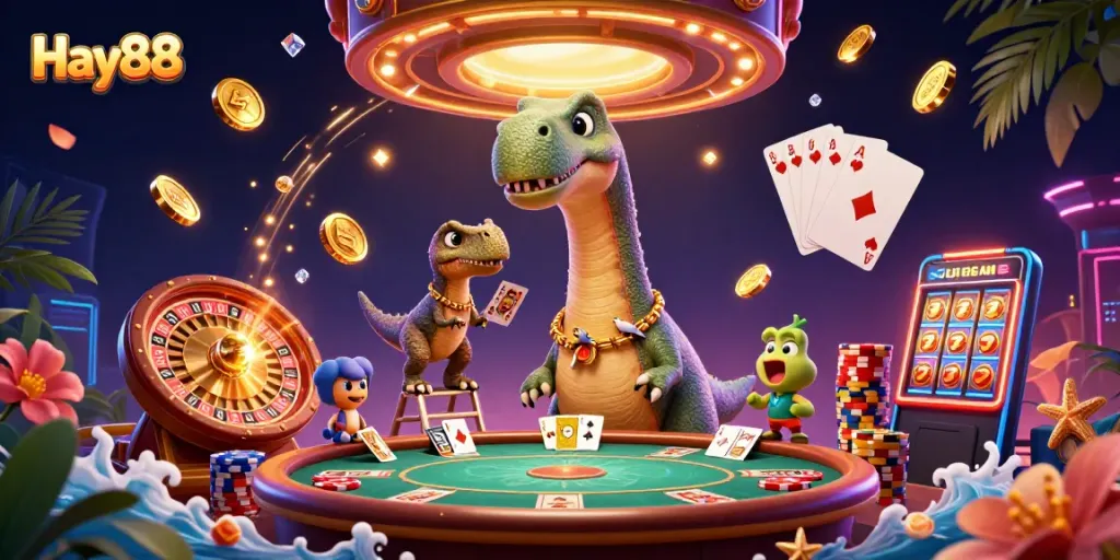 Experience gaming excitement at Hay88 with vibrant casino elements and engaging characters.