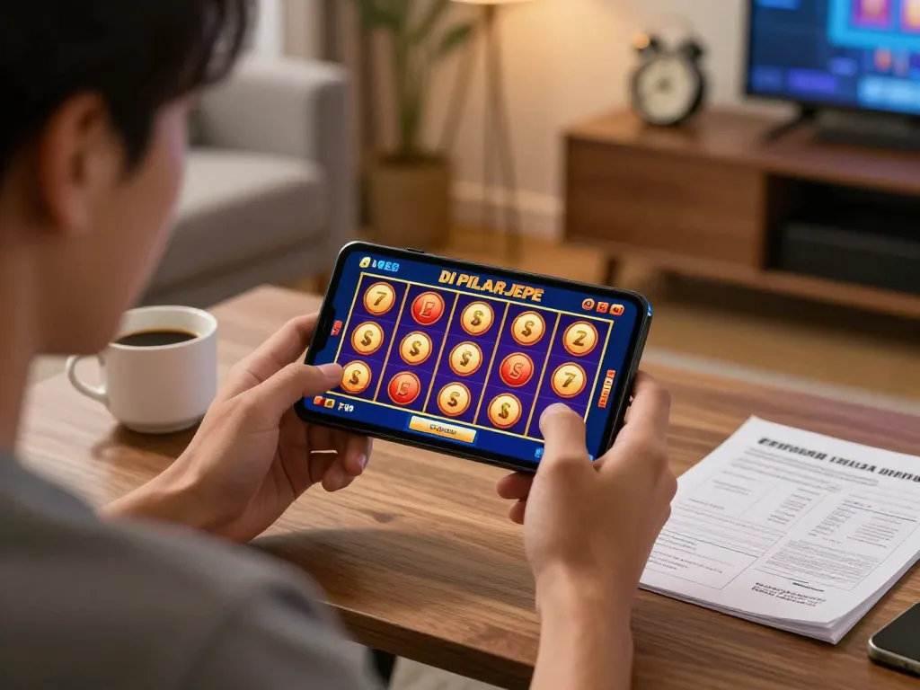 Seorang pemain menikmati slot thailand di PILARJEPE di smartphone di ruang tamu yang nyaman, menampilkan elemen permainan online yang menarik.