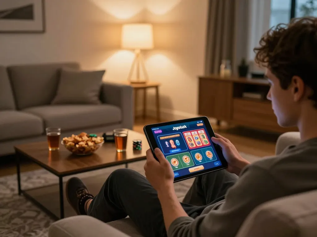 Engage in exciting online gaming on jogoluck using a tablet in a cozy home environment.