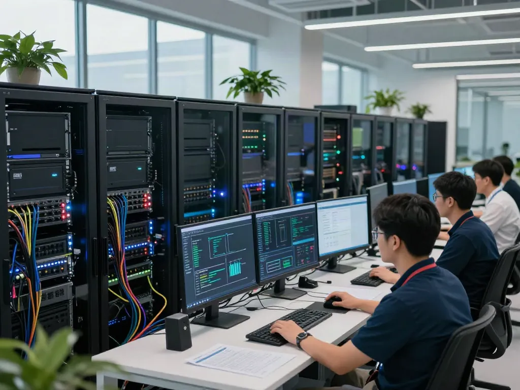 Technicians collaborating in a modern AI infrastructure data center surrounded by servers and GPU racks.