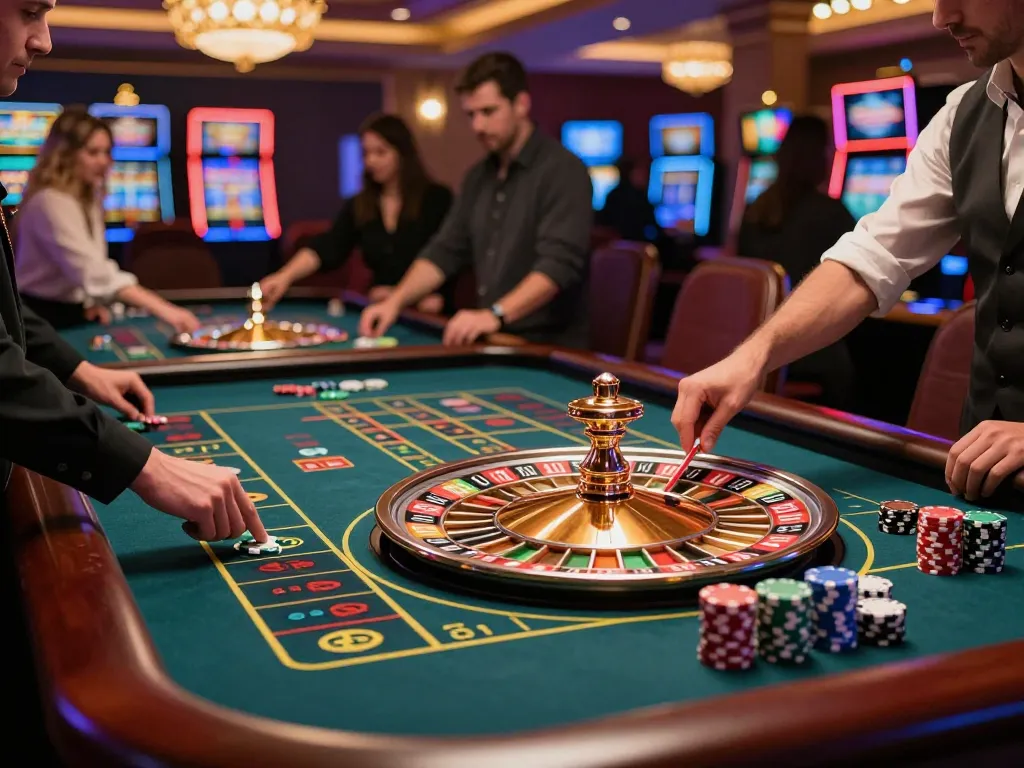 Players engaging at the roulette table in rokok88 casino with vibrant ambiance and colorful chips.