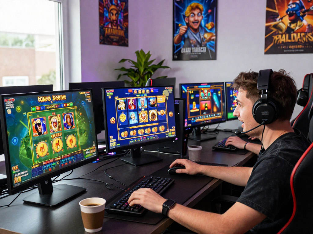 Exciting gameplay of bonus buy slots featuring a focused player at a colorful gaming setup, showcasing the modern online gambling experience.