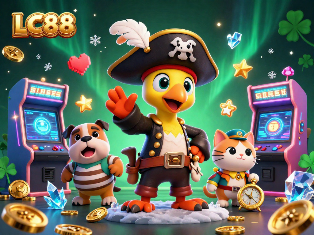 Engage in thrilling gameplay on LC88 with dynamic characters amidst colorful arcade and casino elements.