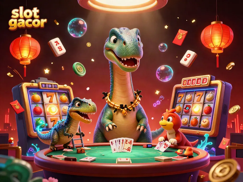 Menggali slot gacor dengan brontosaurus dan raptor dalam suasana kasino yang ceria.
