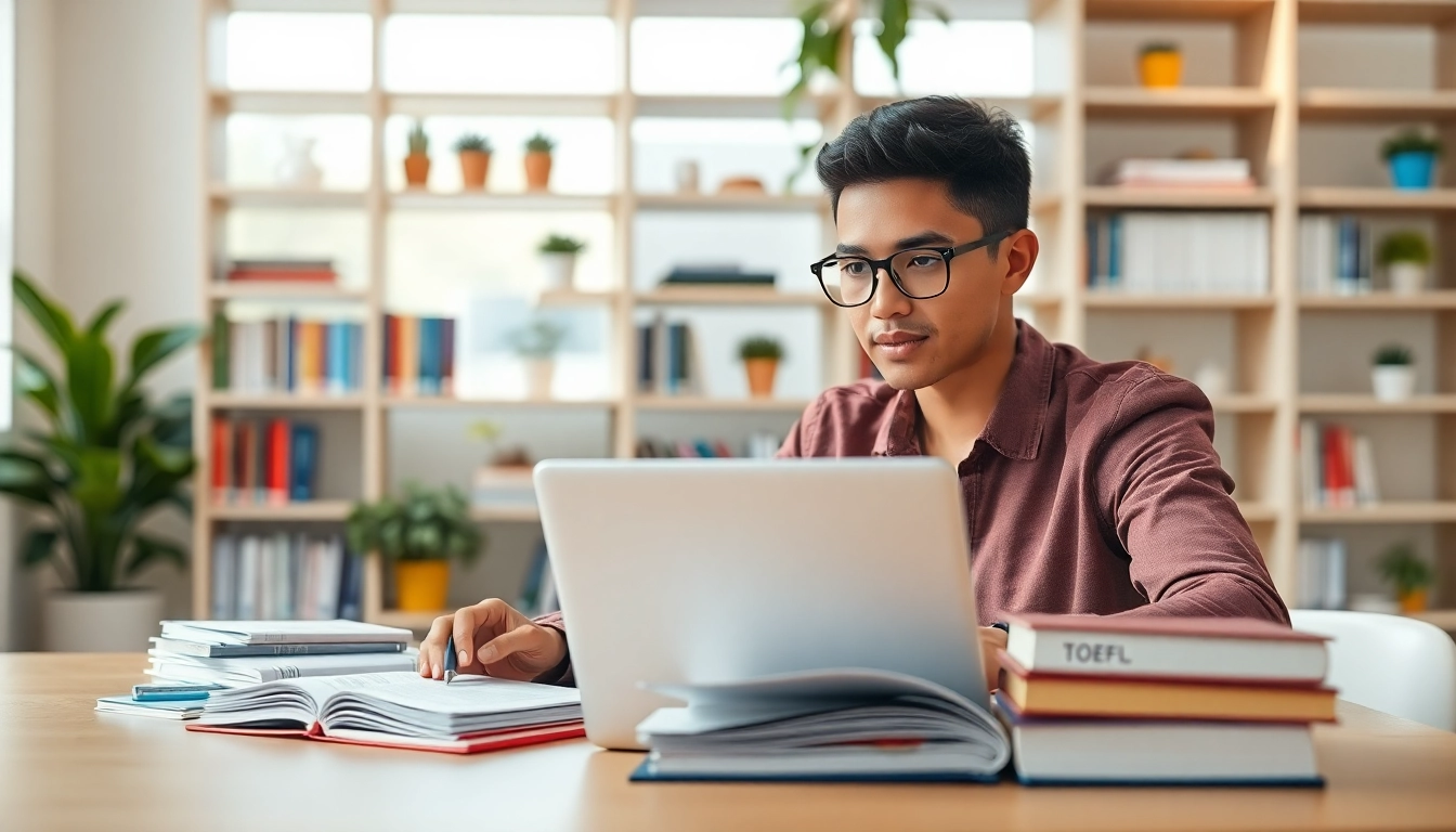 Engaged student studying for the TOEFL, representing the option to pay someone to take toefl.