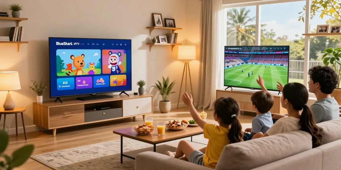 Family enjoying BlueShark IPTV streaming cartoons and sports in a cozy living room.